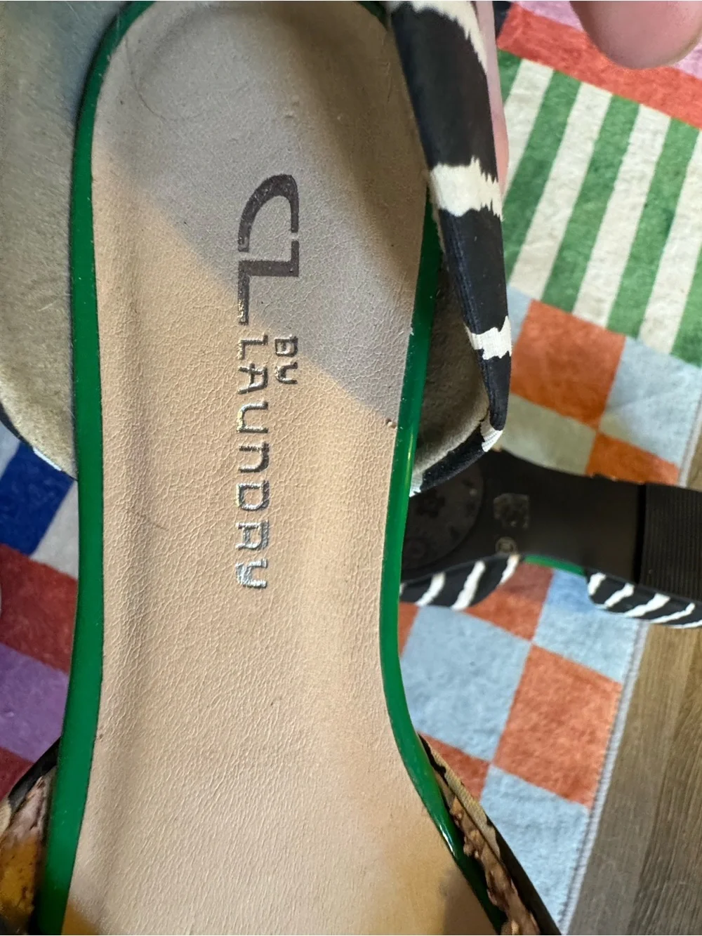 CL by Laundry Black and White Striped Pointed D'Orsay Flats with Patent Toe